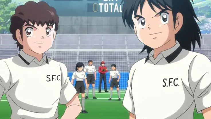 Tsubasa Ozora dan teman-temannya sedang bermain sepak bola Gambar cuplikan anime Captain Tsubasa