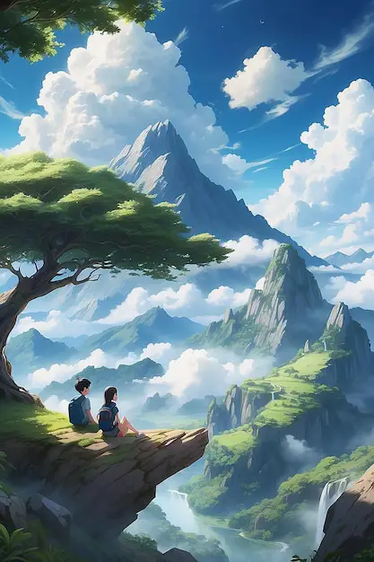 Momen tenang dan romantis dalam anime Karakter anime menyaksikan matahari terbenam