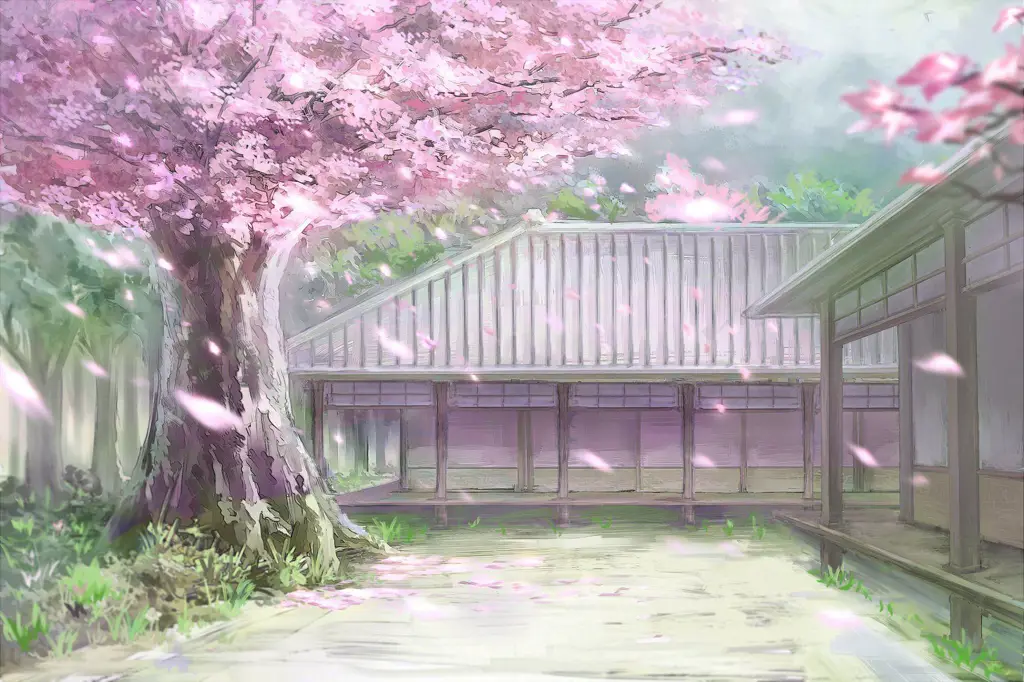 Anime romantis dengan latar belakang alam yang indah Adegan anime romantis dengan bunga sakura