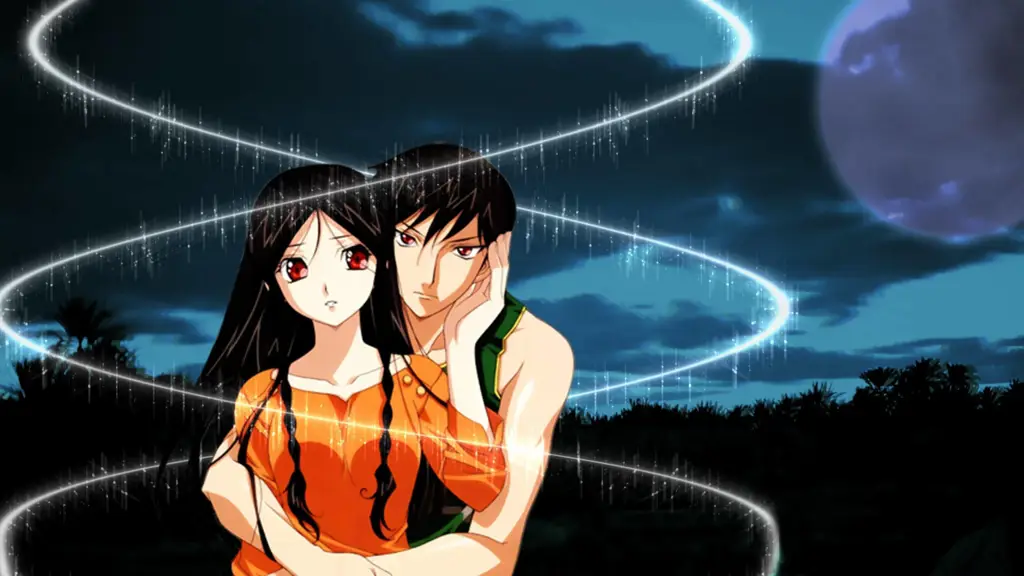 Ilustrasi pasangan anime yang sedang jatuh cinta dengan latar belakang sihir Pasangan anime dengan kekuatan sihir yang romantis