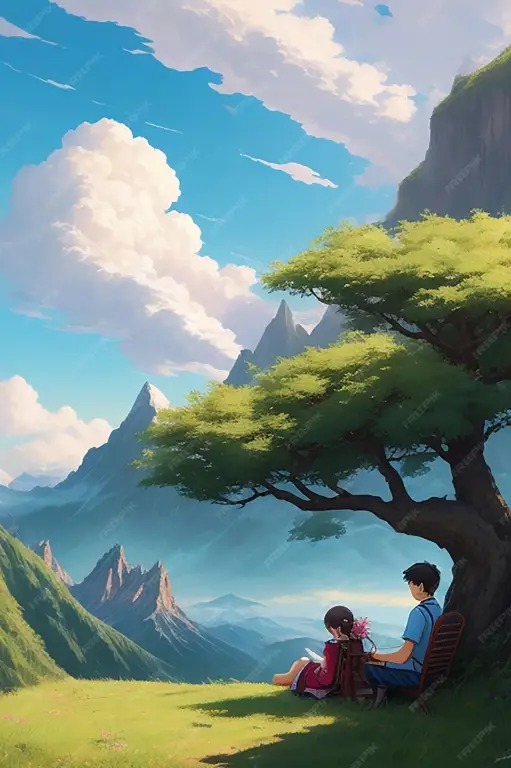 Momen romantis dalam anime Karakter anime menyaksikan matahari terbenam bersama