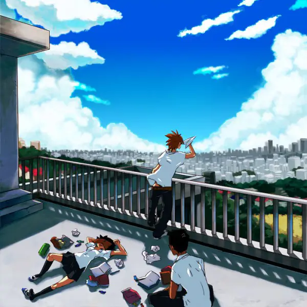 Pemandangan romantis dari atas atap sekolah Adegan di atap sekolah dalam anime