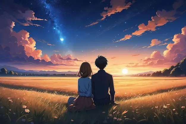 Momen Romantis Bersama Pasangan anime melihat matahari terbenam
