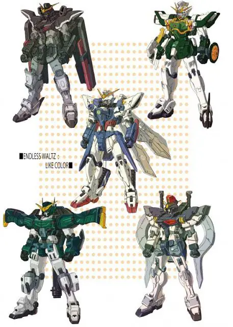 Gambar robot-robot Gundam Wing yang futuristik dan berwarna-warni