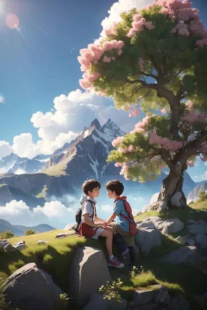 Romantis dan Menenangkan Pasangan anime sedang menikmati matahari terbenam