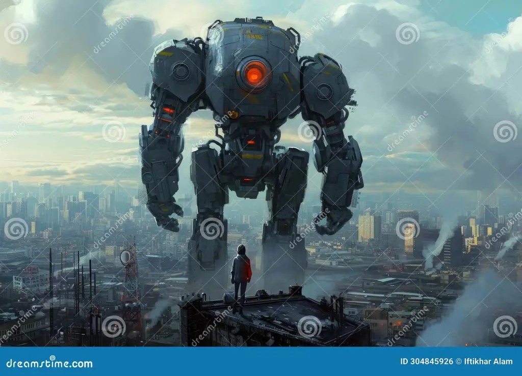 Dunia Anime Robot yang Futuristik Kota futuristik dengan robot raksasa di tengahnya