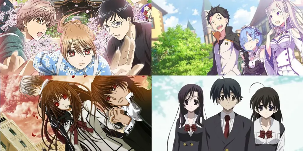 Karakter Anime yang Terjebak dalam Cinta Segitiga Ilustrasi karakter anime dalam situasi cinta segitiga