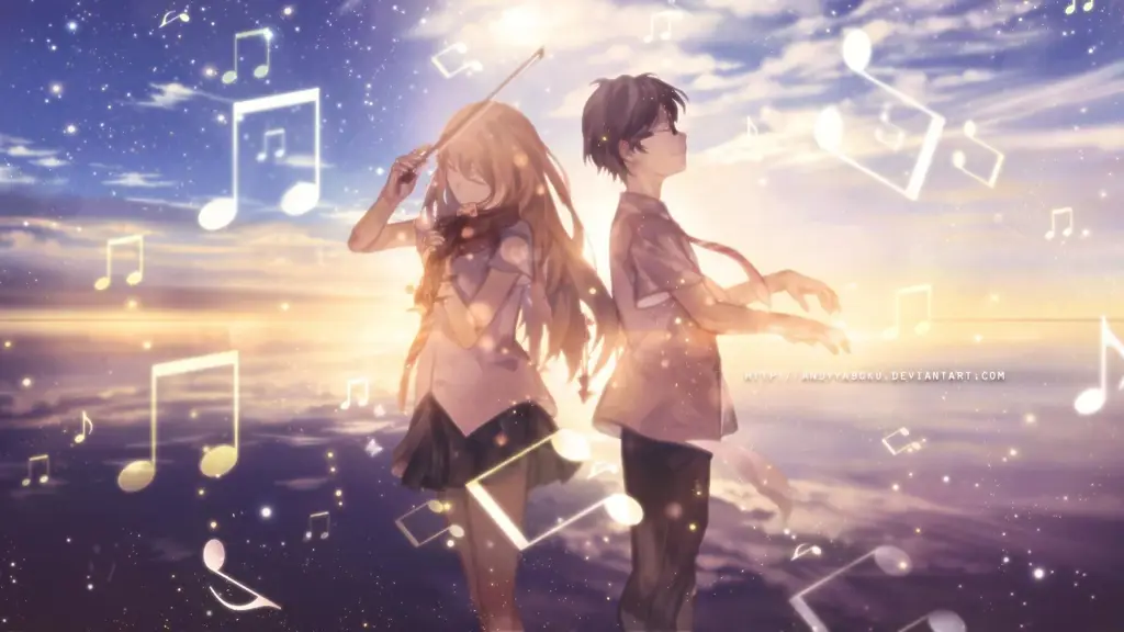 Screenshot anime Your Lie in April yang menunjukkan karakter utama Kousei Arima dan Kaori Miyazono