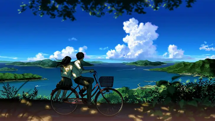 Visual yang indah dalam adegan anime bersepeda Adegan anime bersepeda yang estetis