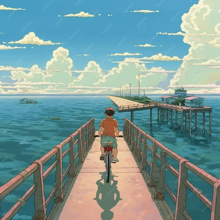 Keindahan Pemandangan dalam Anime Bersepeda Pemandangan anime dengan sepeda di latar belakang.