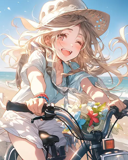 Petualangan Bersepeda di Dunia Anime Karakter anime sedang bersepeda dengan latar pemandangan yang indah.