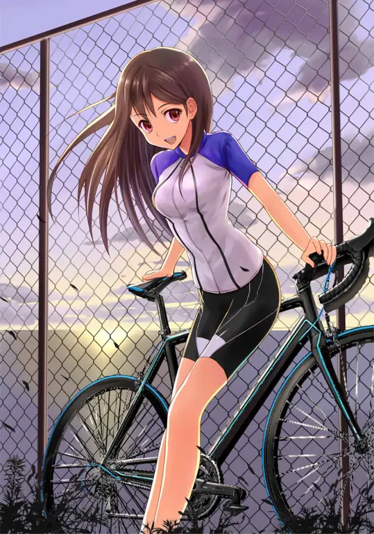 Suasana romantis saat bersepeda Gadis anime bersepeda saat matahari terbenam