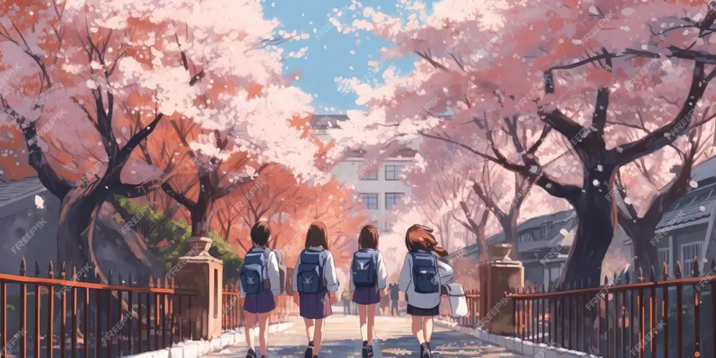Keindahan pemandangan sakura saat bersepeda dalam anime Gadis anime bersepeda di tengah bunga sakura