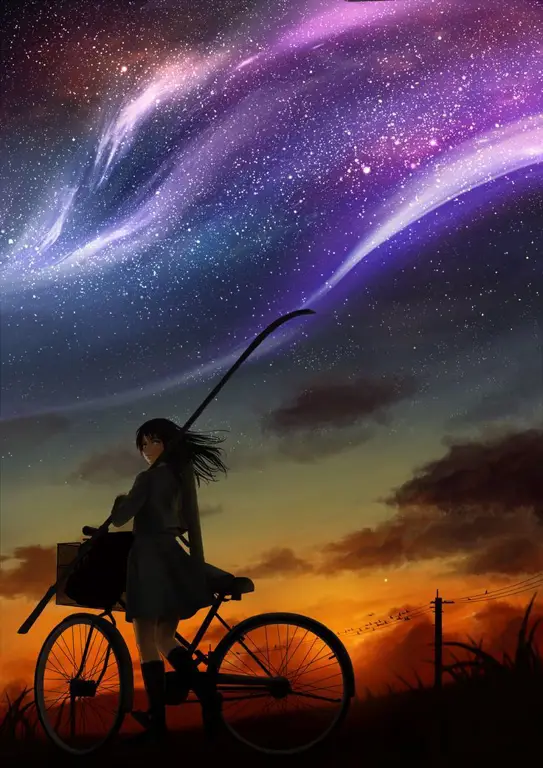 Kebebasan dan petualangan dalam anime naik sepeda Karakter anime bersepeda saat matahari terbenam