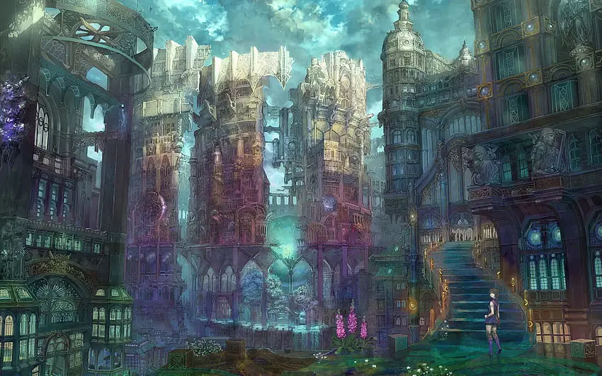 Dunia Fantasi Anime: Kota dan Siluman Ilustrasi dunia fantasi anime dengan kota dan siluman.