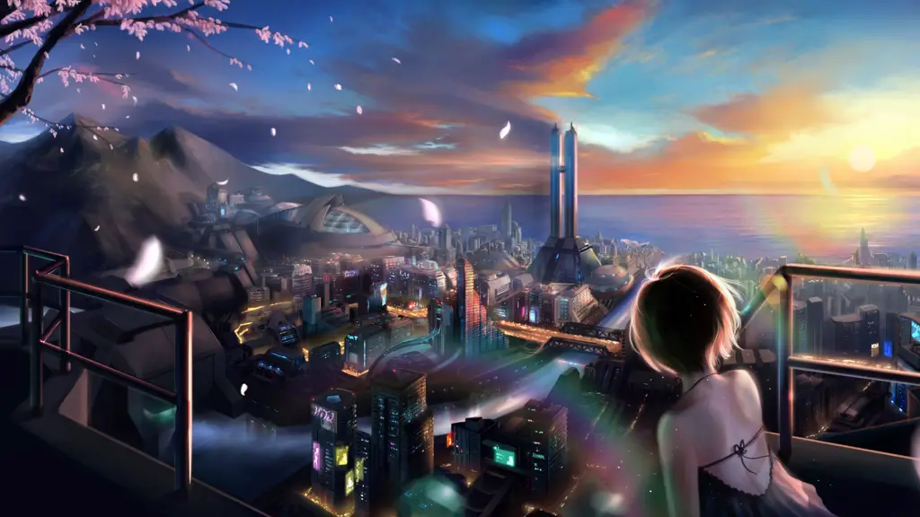 Visual yang memukau Pemandangan kota futuristik anime