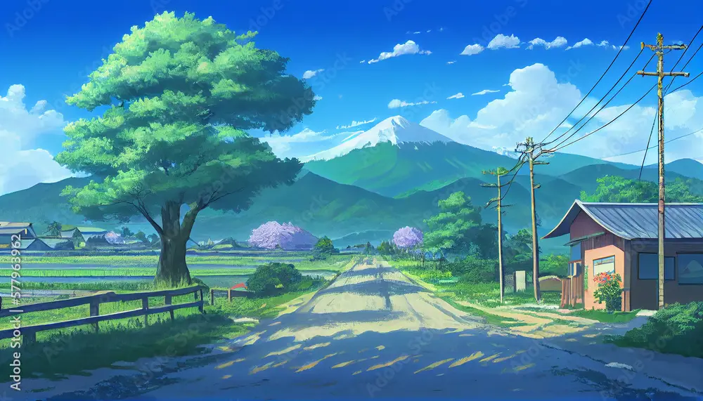 Pemandangan pedesaan yang damai bergaya anime