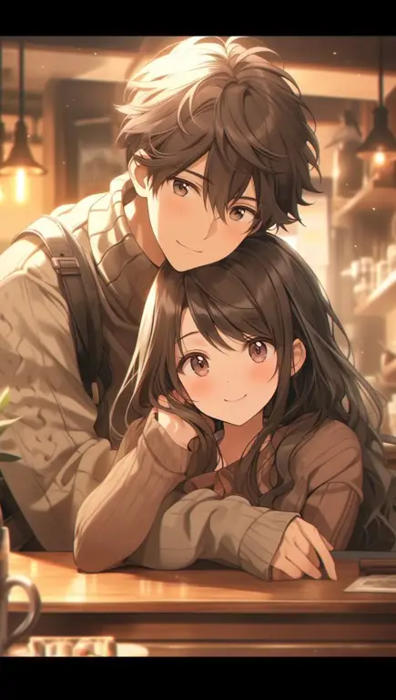 Pasangan anime di sebuah kafe, menikmati momen romantis