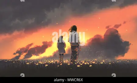 Karakter anime bergandengan tangan saat matahari terbenam