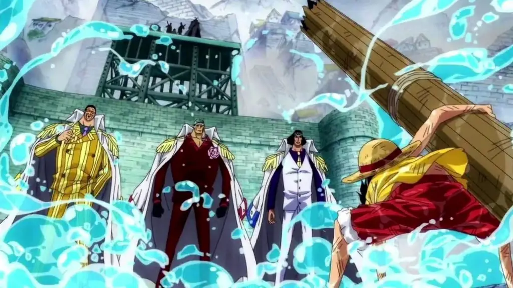 Pertempuran Epik di Dunia One Piece Gambar pertempuran epik di One Piece, menampilkan Luffy dan kru Topi Jerami melawan musuh yang kuat.