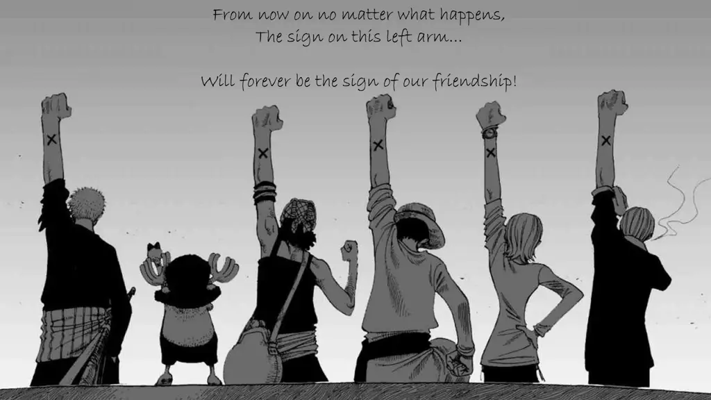 Persahabatan yang Tak Tergoyahkan Gambar yang menampilkan Luffy dan kru Topi Jerami bersama-sama, menunjukkan persahabatan mereka yang kuat.