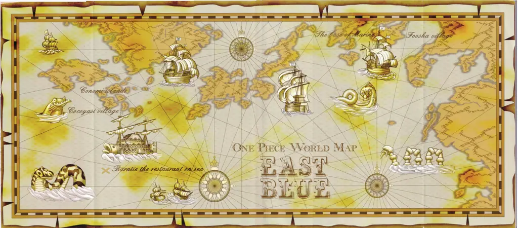 Petualangan di Dunia One Piece Gambar peta dunia One Piece yang menunjukkan berbagai lokasi dan pulau.