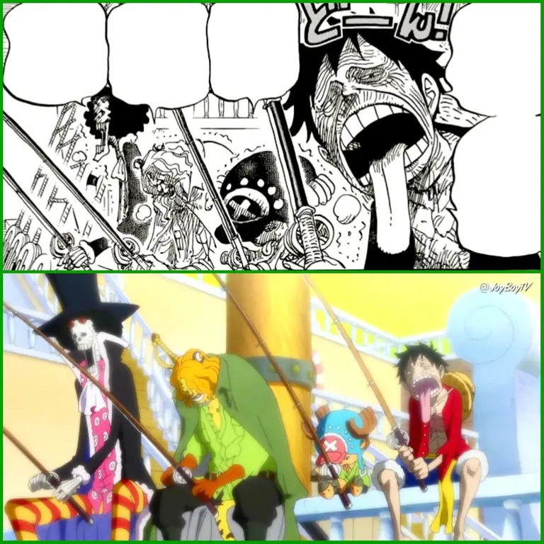 Perbedaan Gaya Seni Karakter Perbandingan karakter One Piece di anime dan manga, menunjukkan perbedaan gaya seni