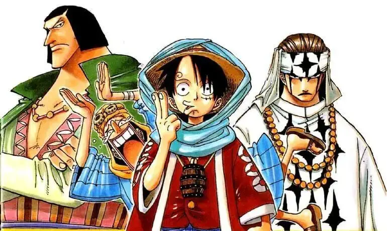 Pertarungan sengit di kerajaan Alabasta Gambar dari Arc Alabasta di One Piece, menampilkan Luffy dan Vivi