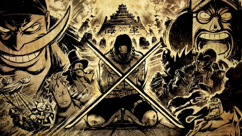 Perang besar di Marineford Gambar dari Arc Marineford di One Piece, menampilkan pertarungan besar-besaran