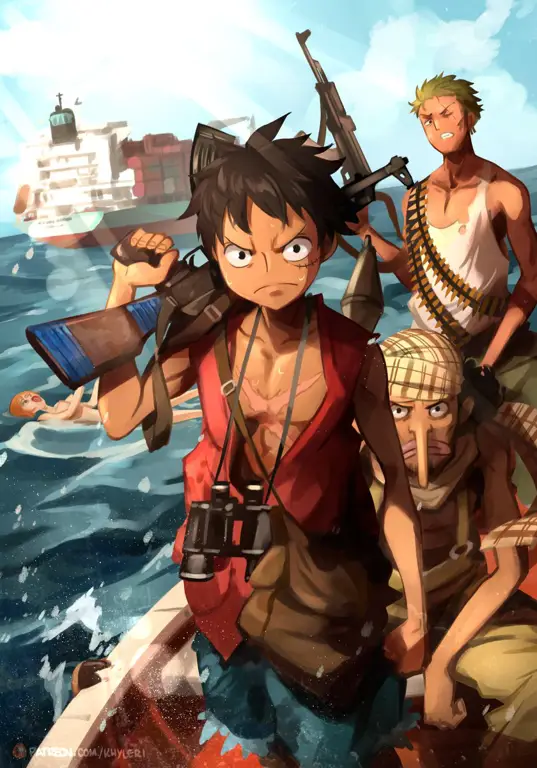 Luffy dan kru menikmati One Piece di HP Gambar Luffy dan kru Topi Jerami menonton anime di ponsel