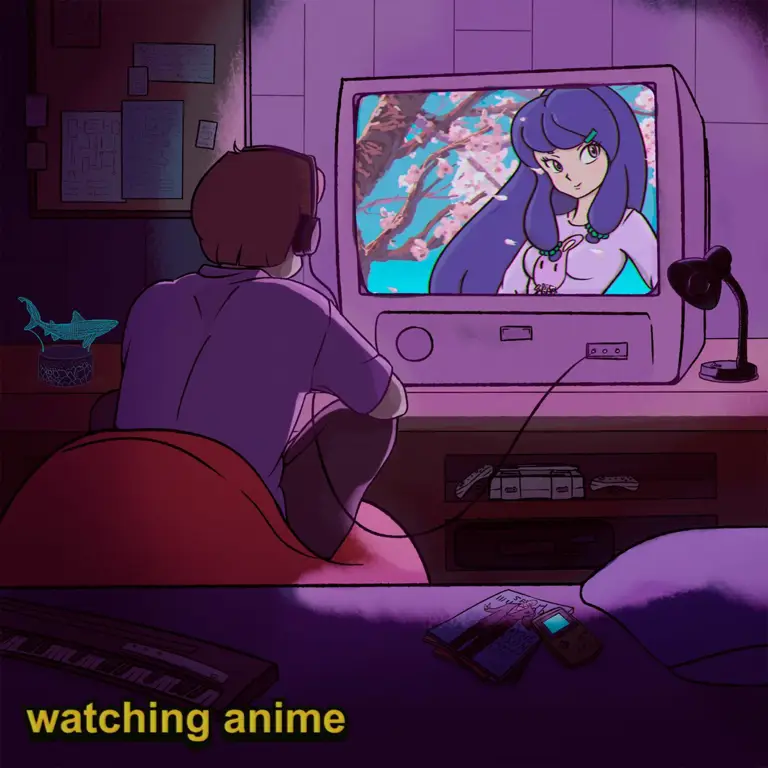 Menikmati anime di malam hari Gambar seseorang yang sedang menonton anime di malam hari