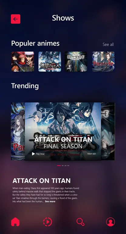 Antarmuka yang Ramah Pengguna Antarmuka aplikasi streaming anime yang nyaman