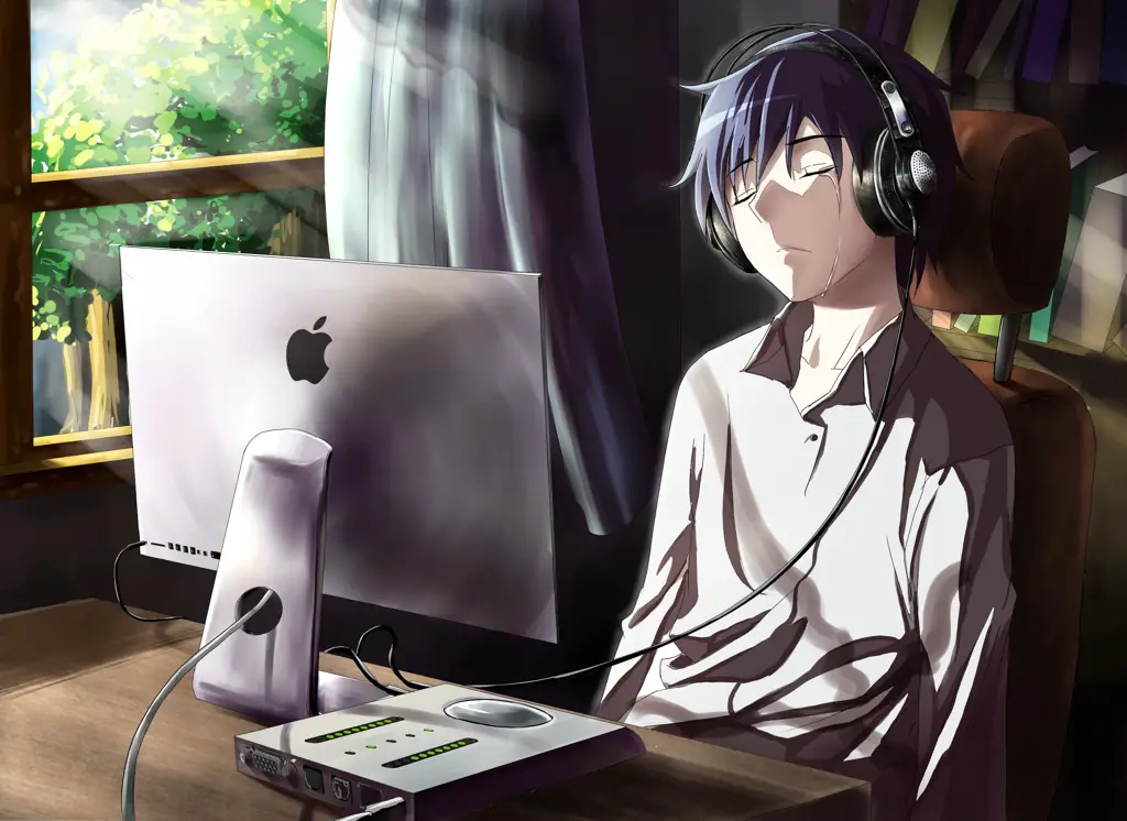 Menikmati anime secara legal Ilustrasi karakter anime menonton anime di laptop